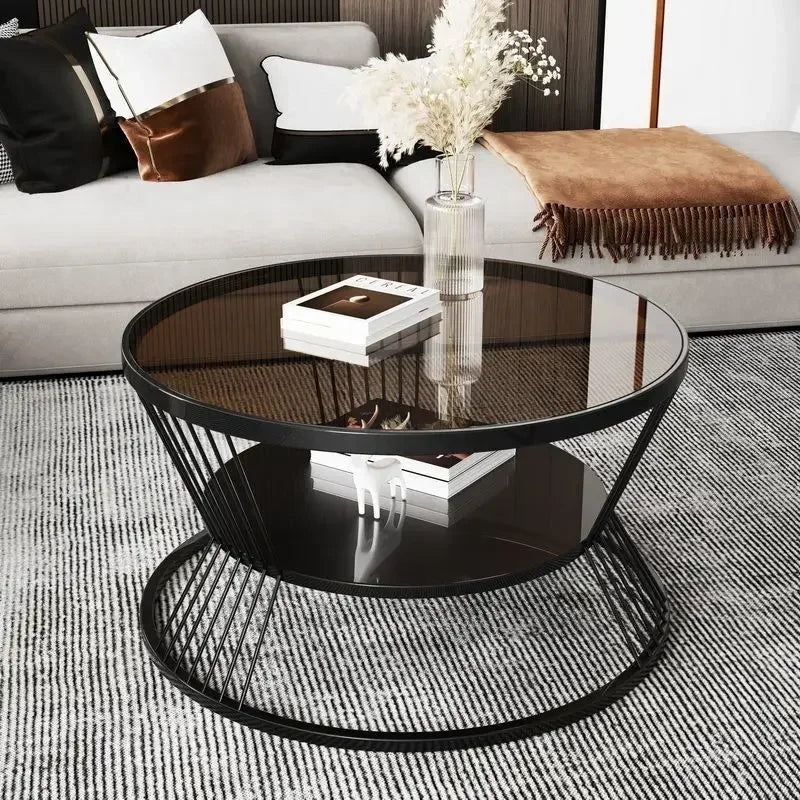 Minimalist Round Glass Side Table with Storage in Gold or Black – view 8