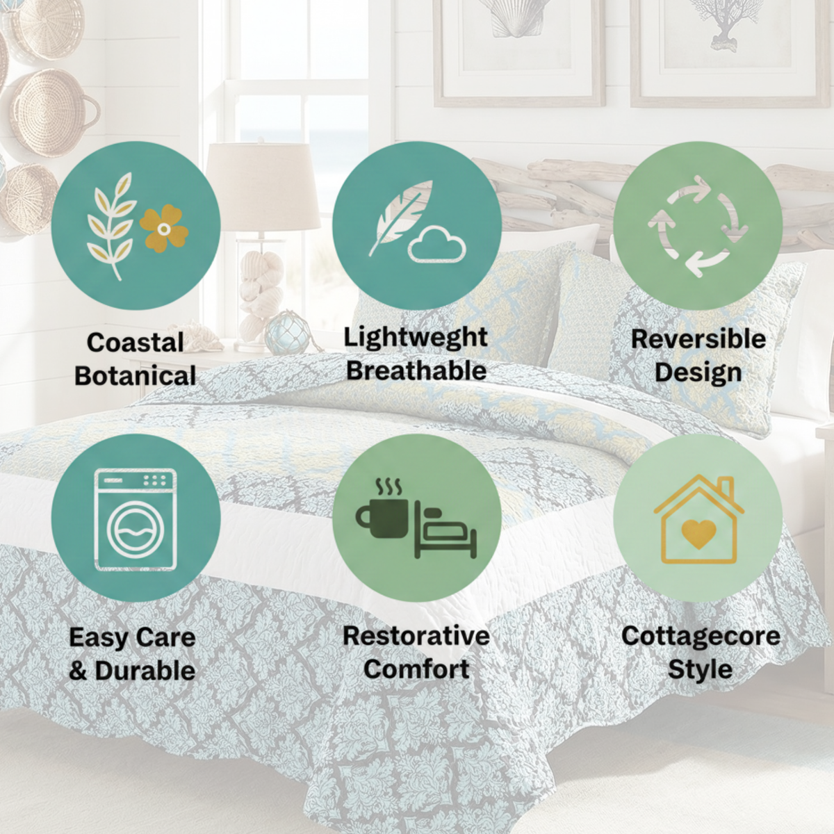 Turquoise Damask Baroque Scalloped Reversible Quilt Set – view 10