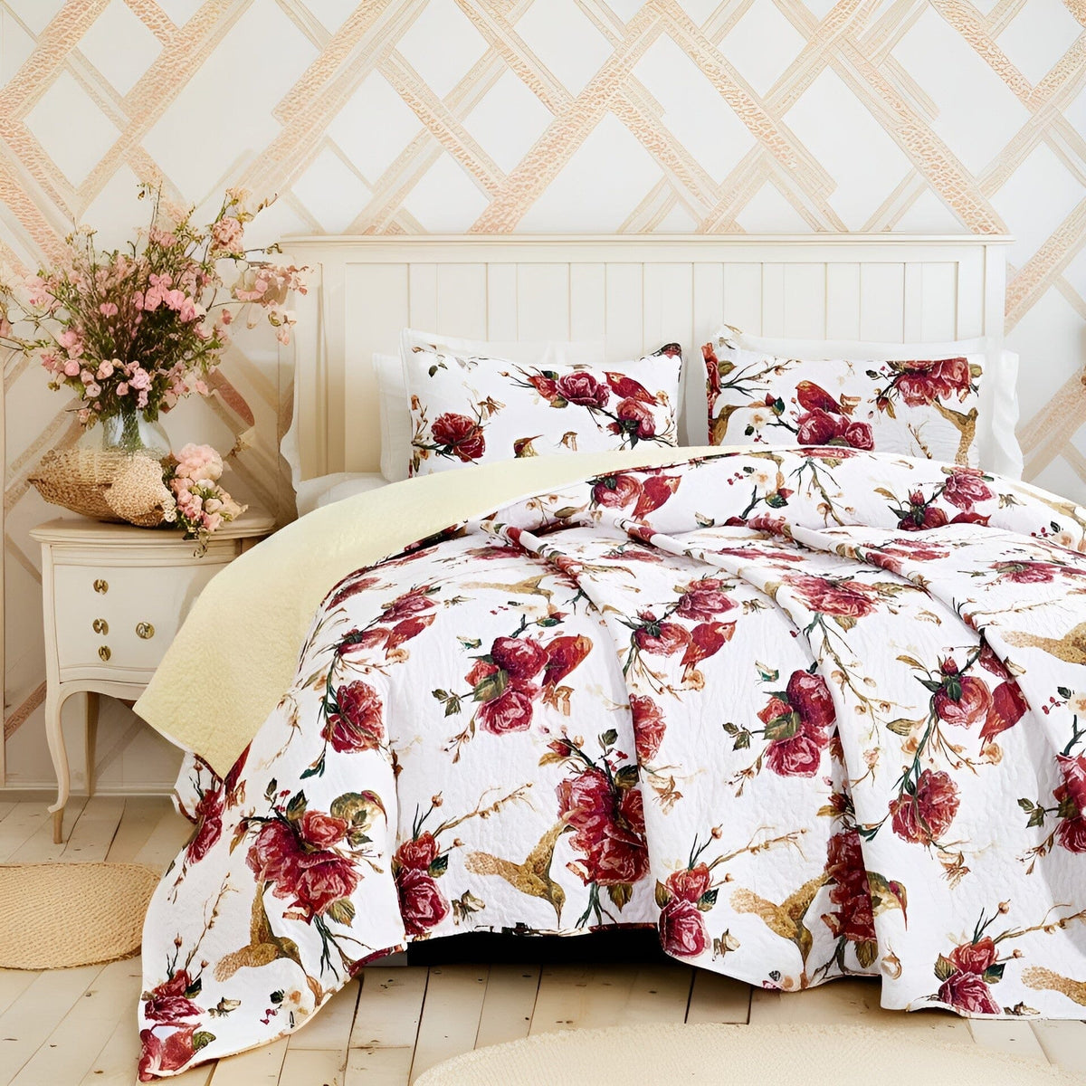 Microfiber Floral Quilt Set, Vintage-Inspired Rose Garden