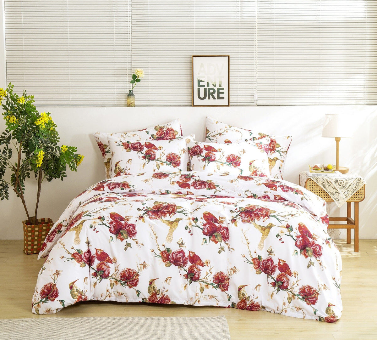 Microfiber Duvet Cover, Vintage Rose & Bird Motif in Burgundy White