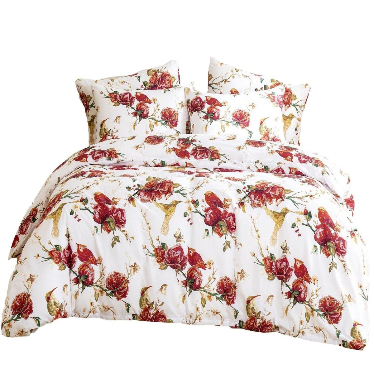 Vintage Rose Garden Hummingbird Floral Duvet Cover in Burgundy and White – view 14