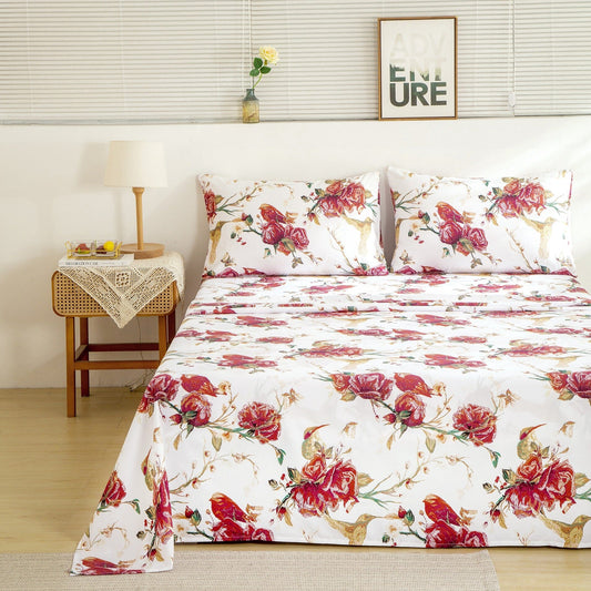 Microfiber Floral Hummingbird Bed Sheet Set with Vintage Rose Design