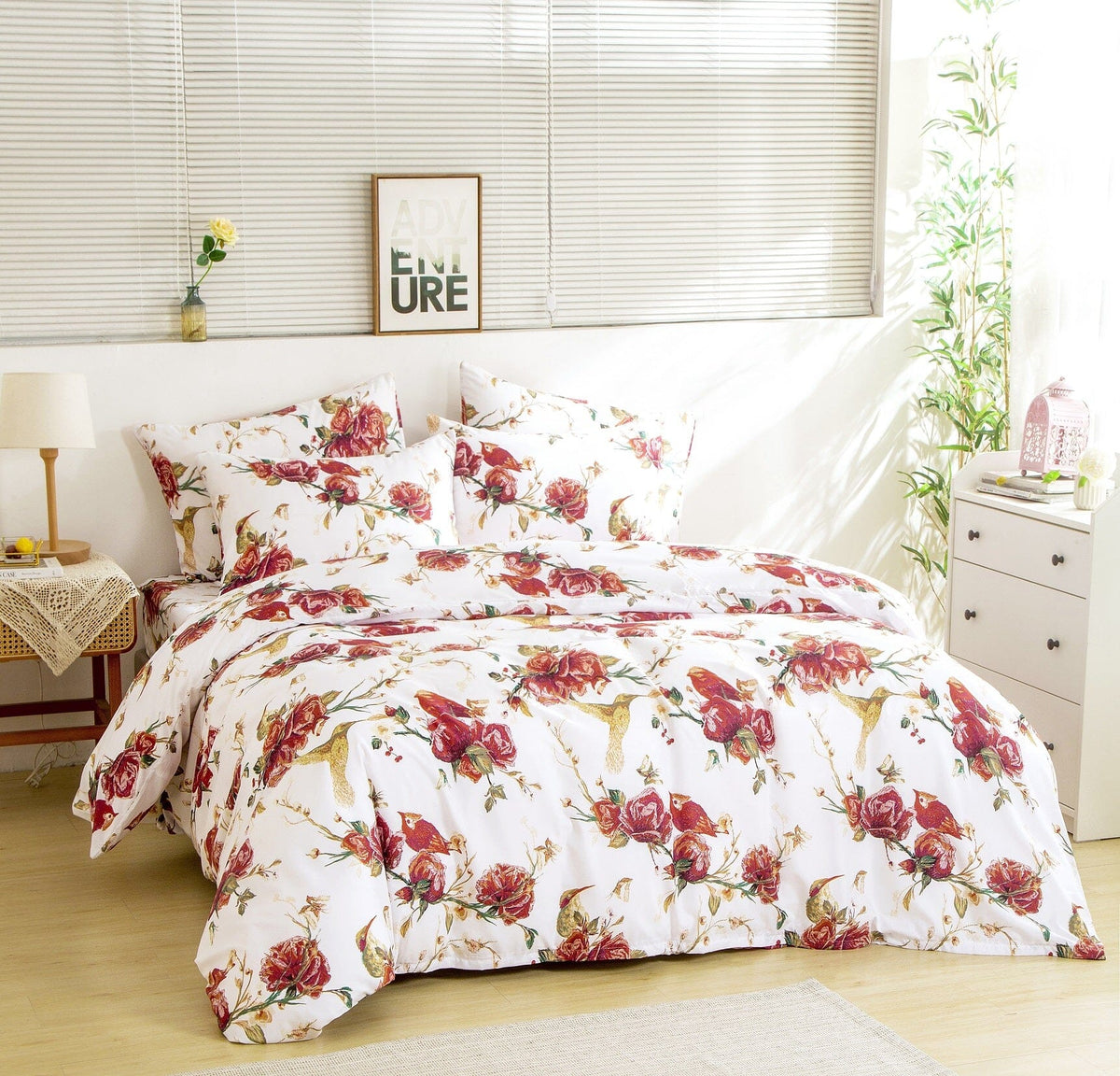Vintage Rose Garden Hummingbird Floral Duvet Cover in Burgundy and White – view 4