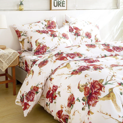 Vintage Rose Garden Hummingbird Floral Duvet Cover in Burgundy and White – view 6