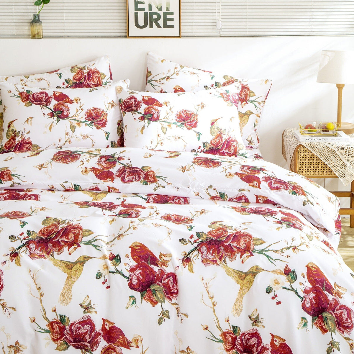 Vintage Rose Garden Hummingbird Floral Duvet Cover in Burgundy and White – view 3