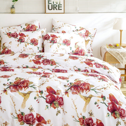 Vintage Rose Garden Hummingbird Floral Duvet Cover in Burgundy and White – view 3