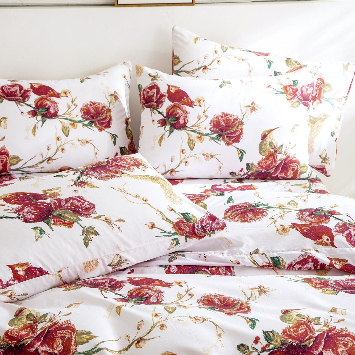 Vintage Rose Garden Hummingbird Floral Duvet Cover in Burgundy and White – view 5