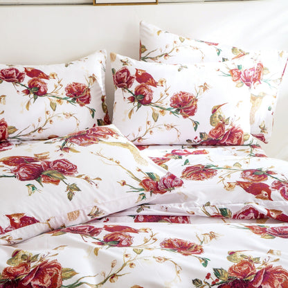 Vintage Rose Garden Hummingbird Floral Duvet Cover in Burgundy and White – view 5