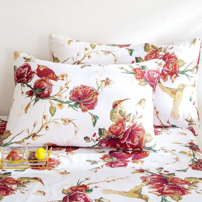 Vintage Rose Garden Hummingbird Floral Duvet Cover in Burgundy and White – view 8
