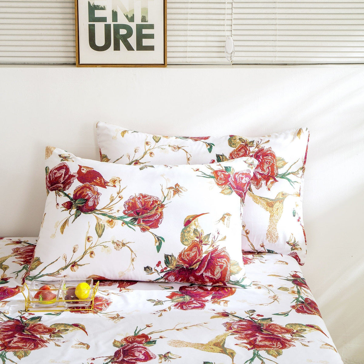 Vintage Rose Garden Hummingbird Floral Duvet Cover in Burgundy and White – view 7
