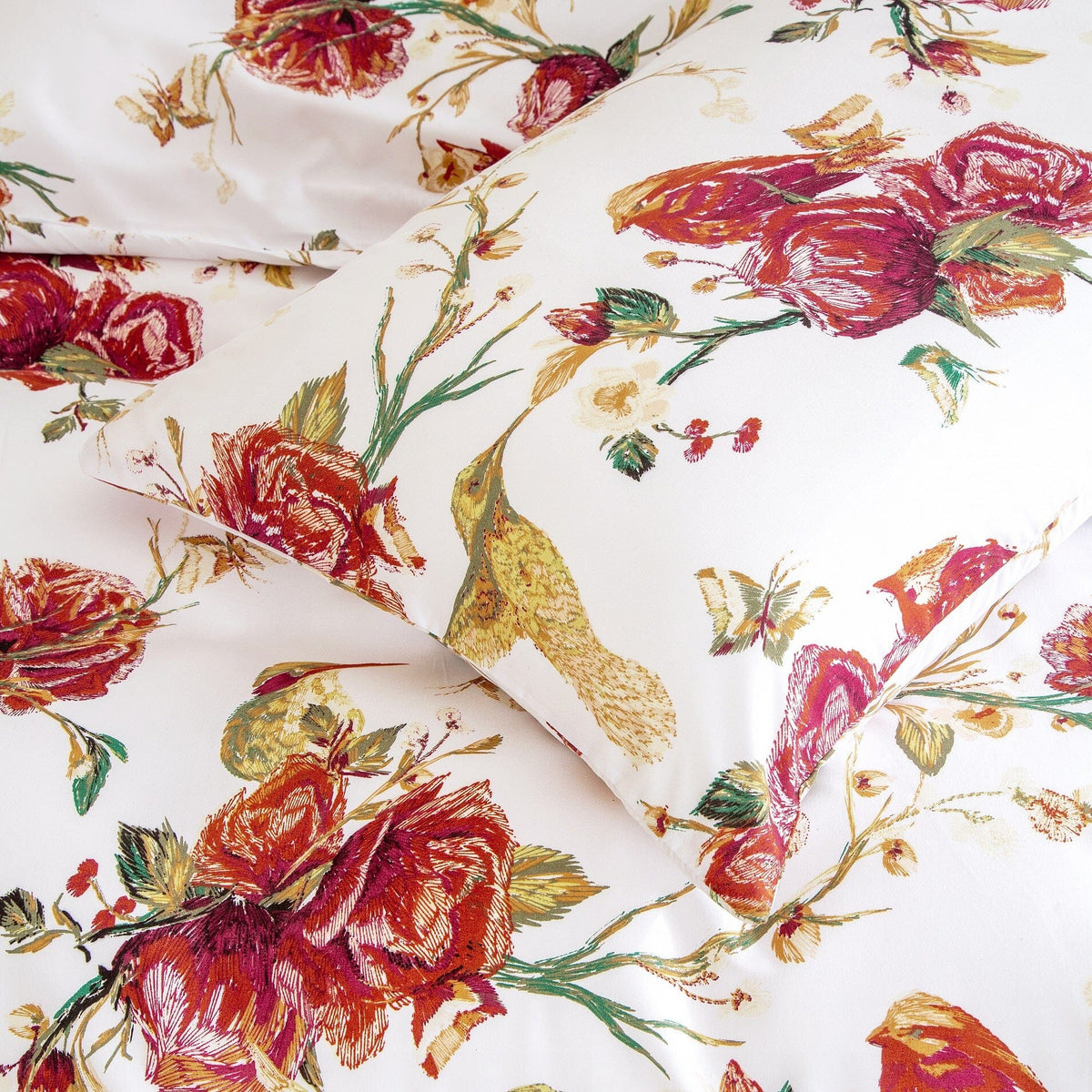 Vintage Rose Garden Hummingbird Floral Duvet Cover in Burgundy and White – view 9