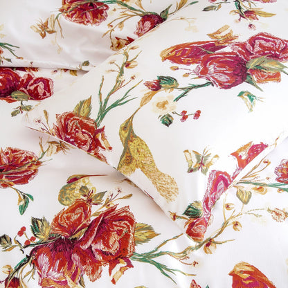 Vintage Rose Garden Hummingbird Floral Duvet Cover in Burgundy and White – view 9