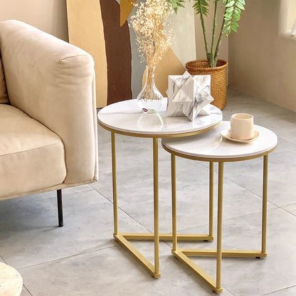 Round Sintered Stone Nesting Side Tables with Gold Metal Frame, Set of 2 – view 2