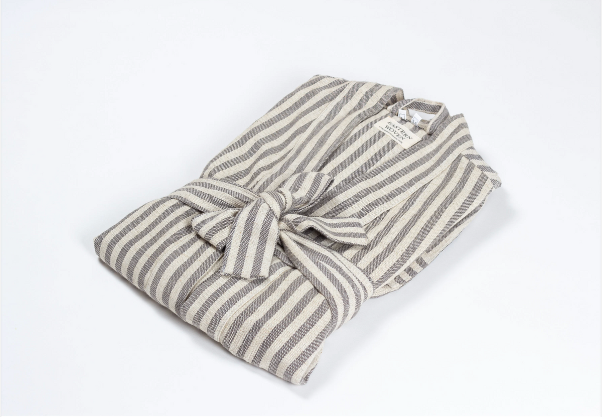Abbas Charcoal Stripe 100% Linen Turkish Peshtemal Robe – view 4