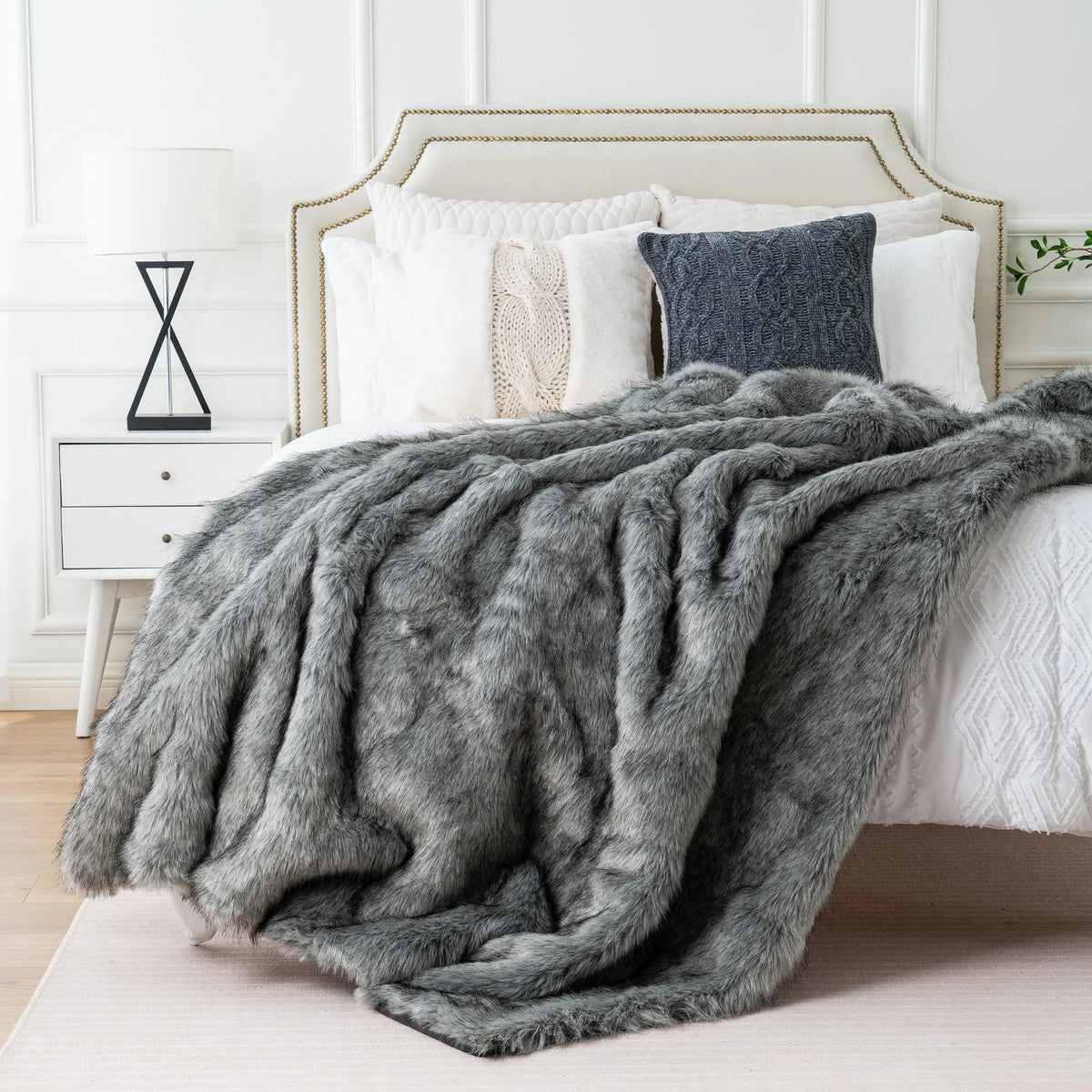 LUX Heavy Grey Faux Fur Throw Blanket with Plush Polyester Back – view 5