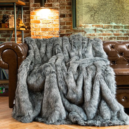 LUX Heavy Grey Faux Fur Throw Blanket with Plush Polyester Back – view 4