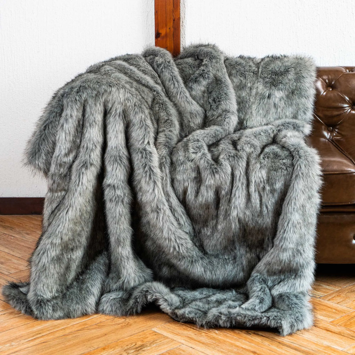 LUX Heavy Grey Faux Fur Throw Blanket with Plush Polyester Back – view 8
