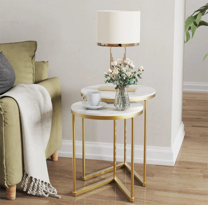 Sintered Stone Nesting Side Tables with Gold Metal Frame