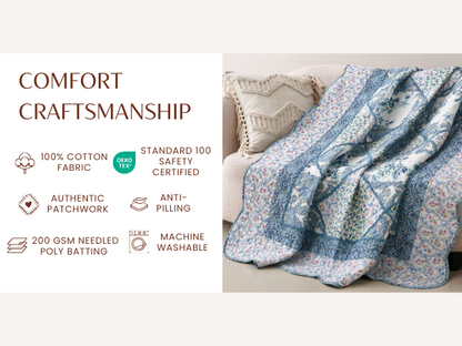 Petal Dance Blue and White Floral Cotton Patchwork Quilted Throw Blanket – view 5