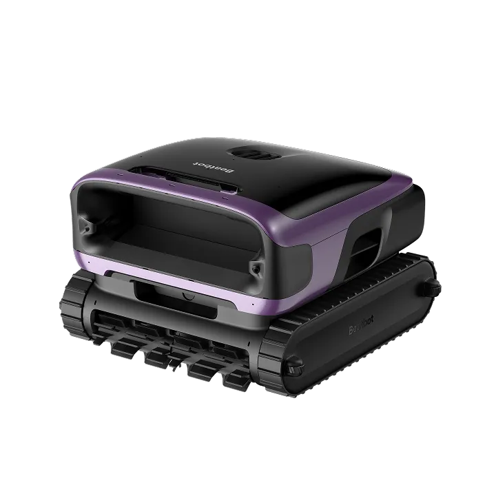 Sora 70 robotic pool cleaner in midnight blue beside a clear backyard swimming pool