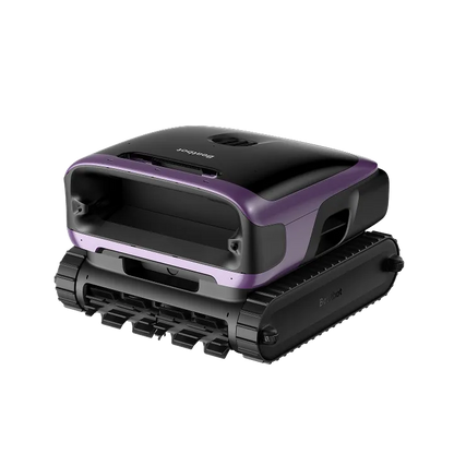 Sora 70 robotic pool cleaner in midnight blue beside a clear backyard swimming pool