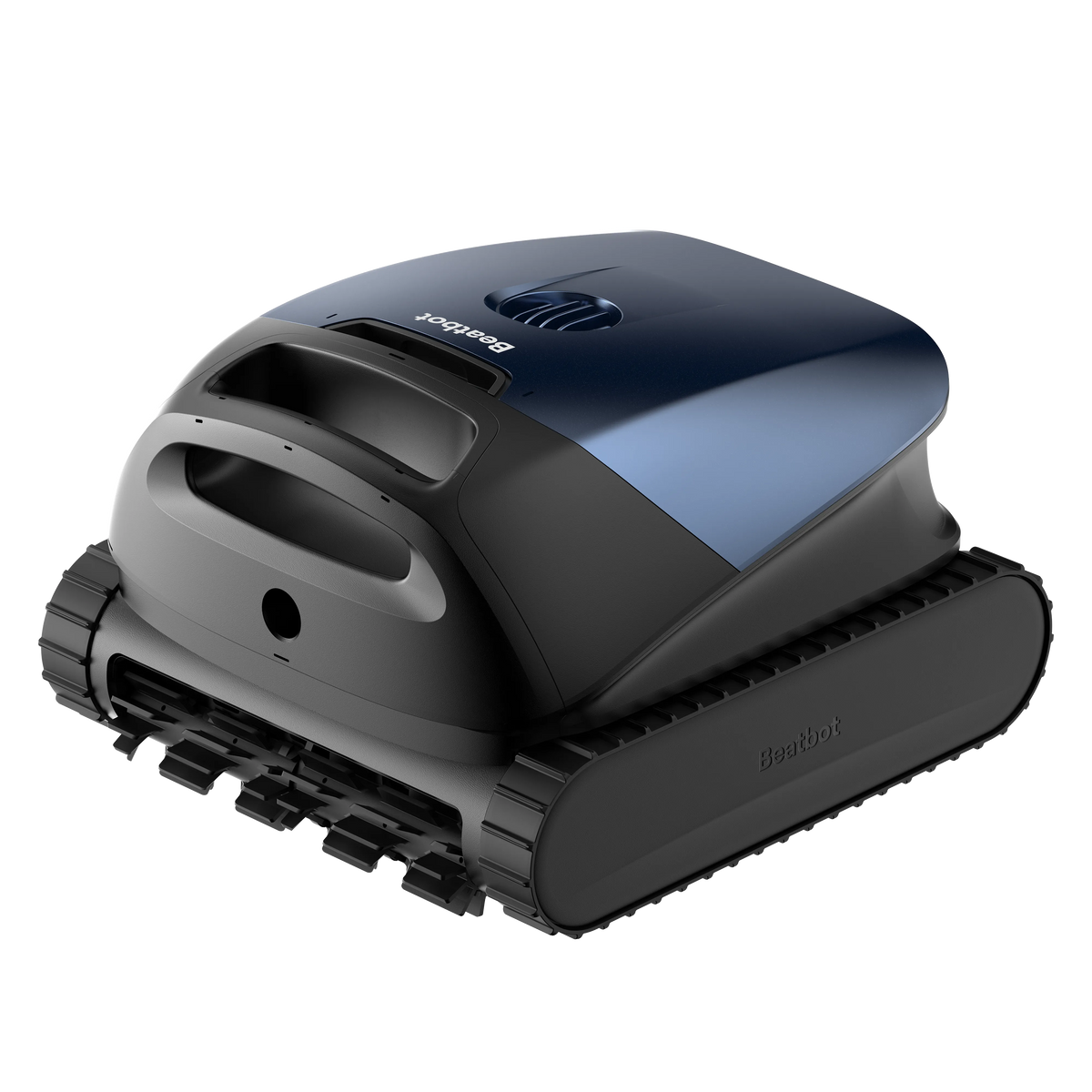 Sora 10 robotic pool cleaner in deep blue on the edge of a sparkling backyard swimming pool