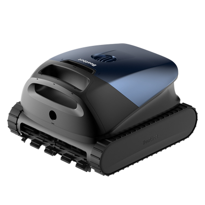 Sora 10 robotic pool cleaner in deep blue on the edge of a sparkling backyard swimming pool