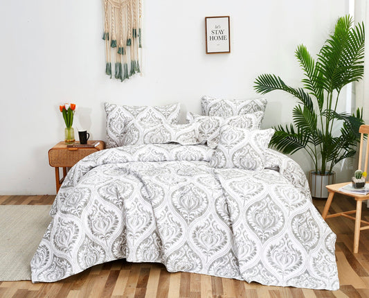 Microfiber Ogee Damask Reversible Quilt Set in Heather Grey and White