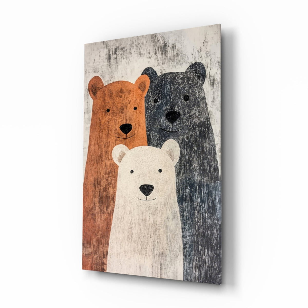 Bear Family nursery glass wall art with three storybook bears hanging above a crib