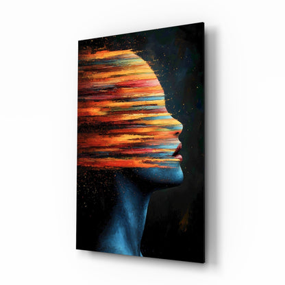 Abstract color portrait glass wall art with marigold, scarlet and teal strokes in a modern living room