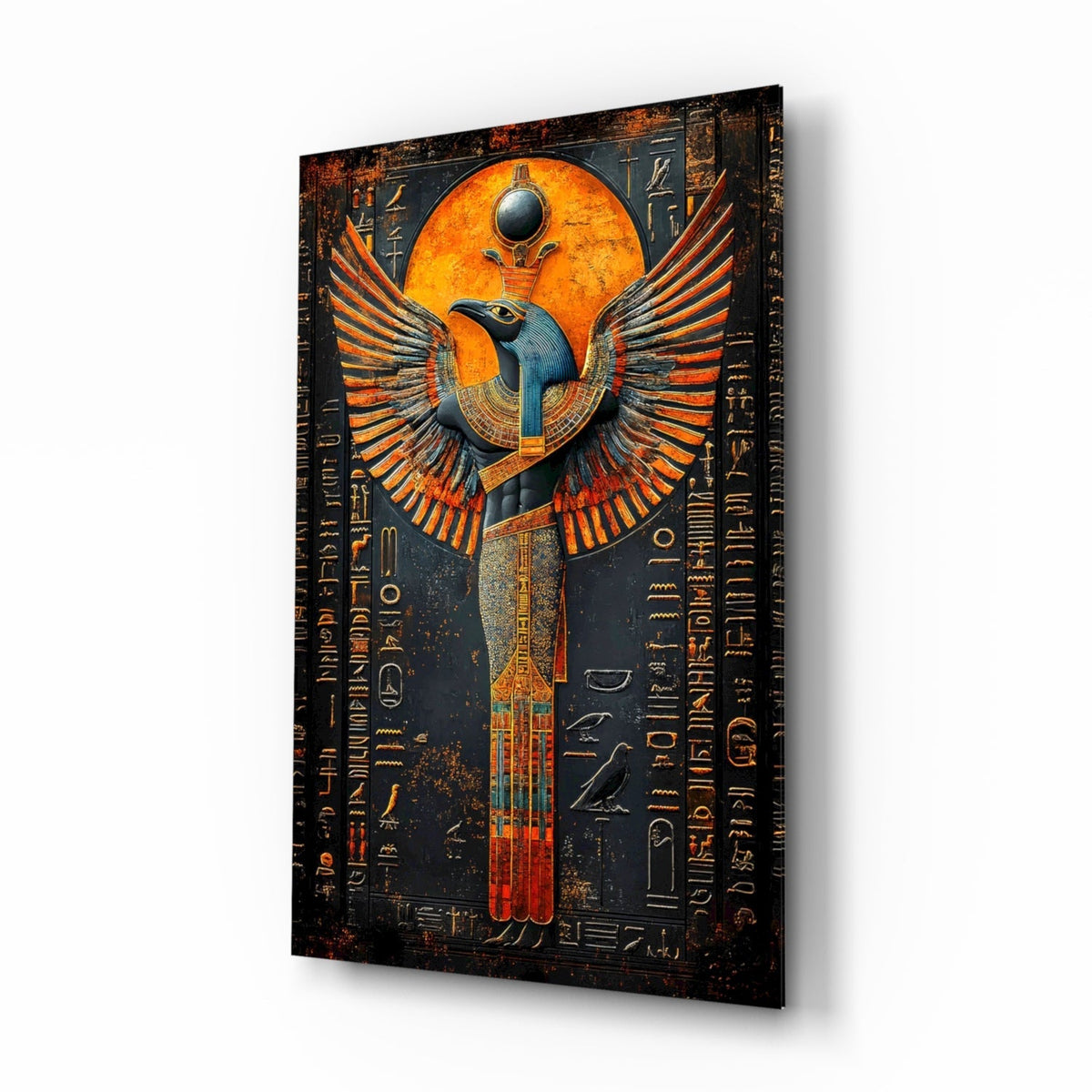 Horus falcon-headed Egyptian god glass wall art with spread cobalt and scarlet wings in a home study