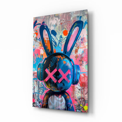 Graffiti rabbit with headphones pop art glass wall art in a teen's gaming room