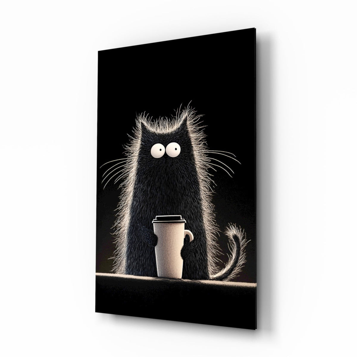 Black cat holding a coffee cup glass wall art above a home coffee bar