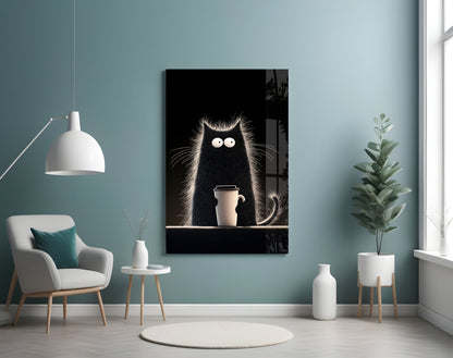 Coffee Lover Black Cat Glass Wall Art, Designer Collection – view 4