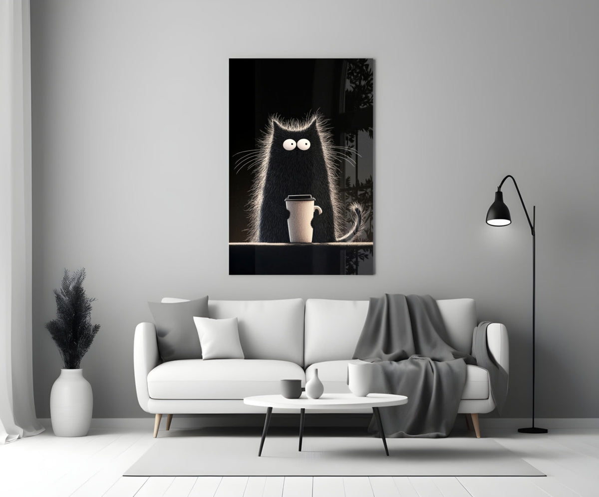 Coffee Lover Black Cat Glass Wall Art, Designer Collection – view 3