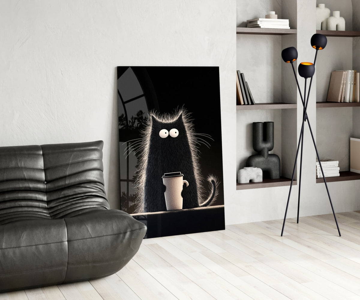 Coffee Lover Black Cat Glass Wall Art, Designer Collection – view 5