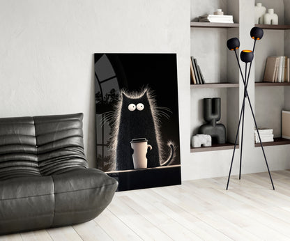 Coffee Lover Black Cat Glass Wall Art, Designer Collection – view 5