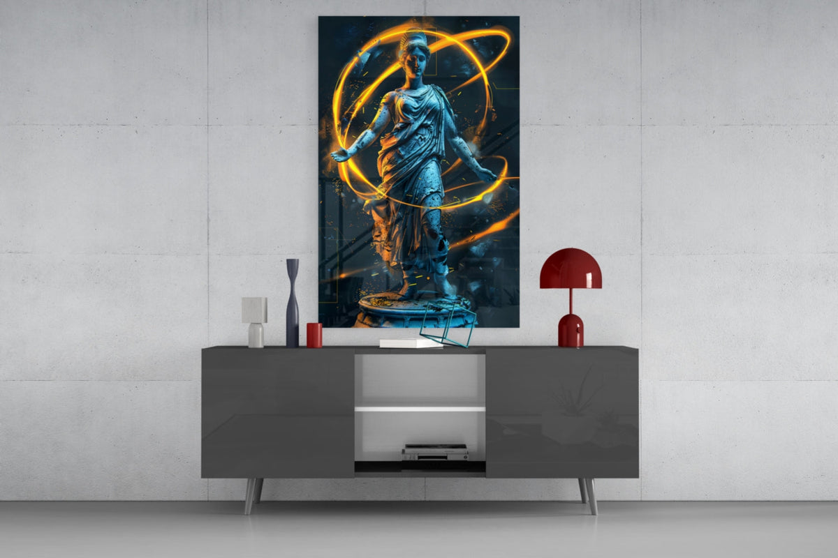 Blue Goddess Statue with Gold Neon Rings Glass Wall Art – view 8