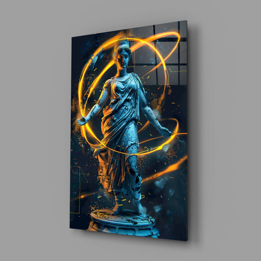 Blue Goddess Statue with Gold Neon Rings Glass Wall Art – view 2