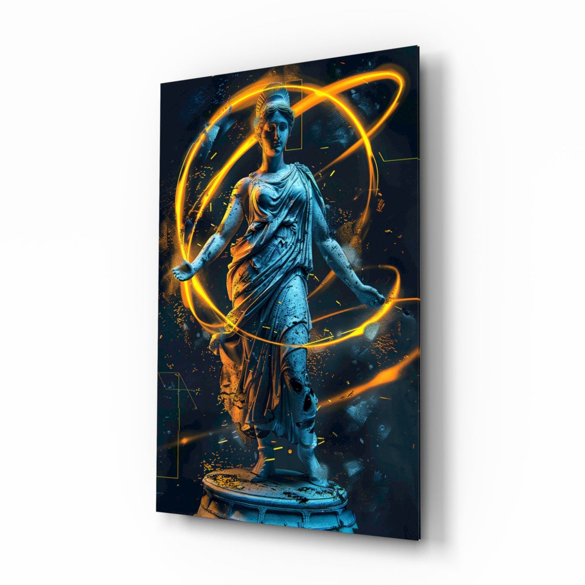 Classical goddess statue with glowing gold neon rings glass wall art in a modern foyer