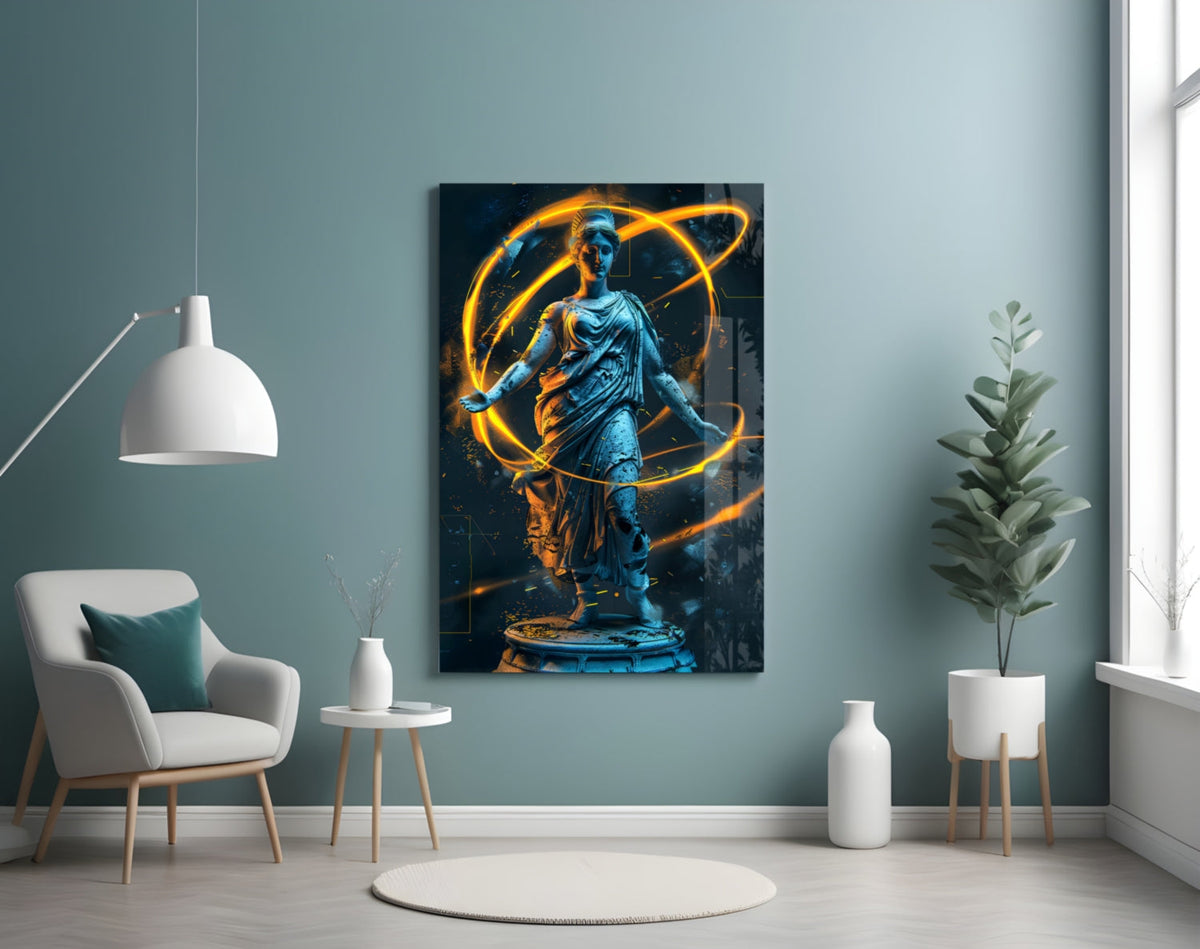 Blue Goddess Statue with Gold Neon Rings Glass Wall Art – view 4