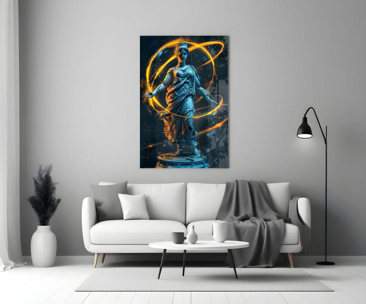 Blue Goddess Statue with Gold Neon Rings Glass Wall Art – view 3