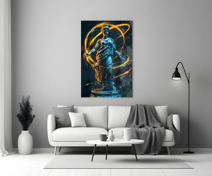 Blue Goddess Statue with Gold Neon Rings Glass Wall Art – view 3