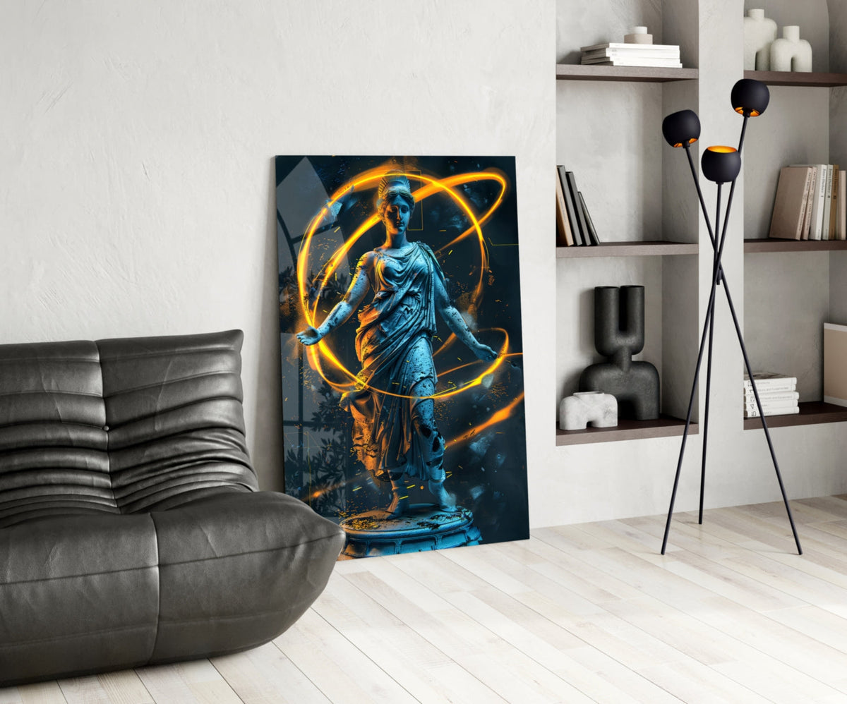 Blue Goddess Statue with Gold Neon Rings Glass Wall Art – view 5