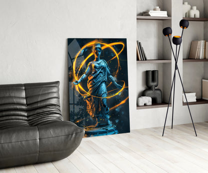 Blue Goddess Statue with Gold Neon Rings Glass Wall Art – view 5