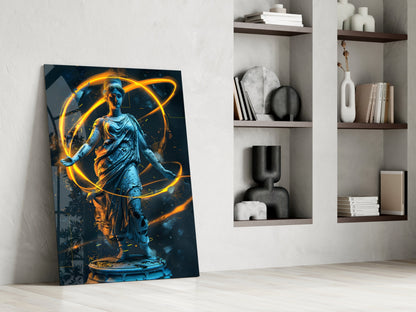 Blue Goddess Statue with Gold Neon Rings Glass Wall Art – view 6