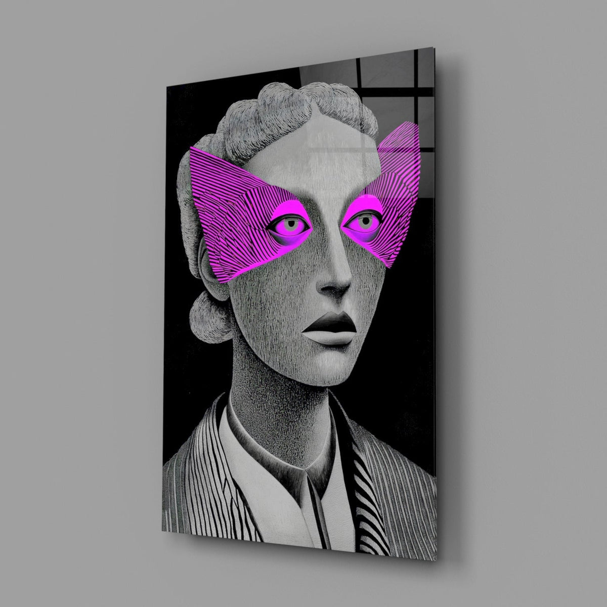 Grayscale Portrait with Magenta Eye Mask Glass Wall Art – view 2