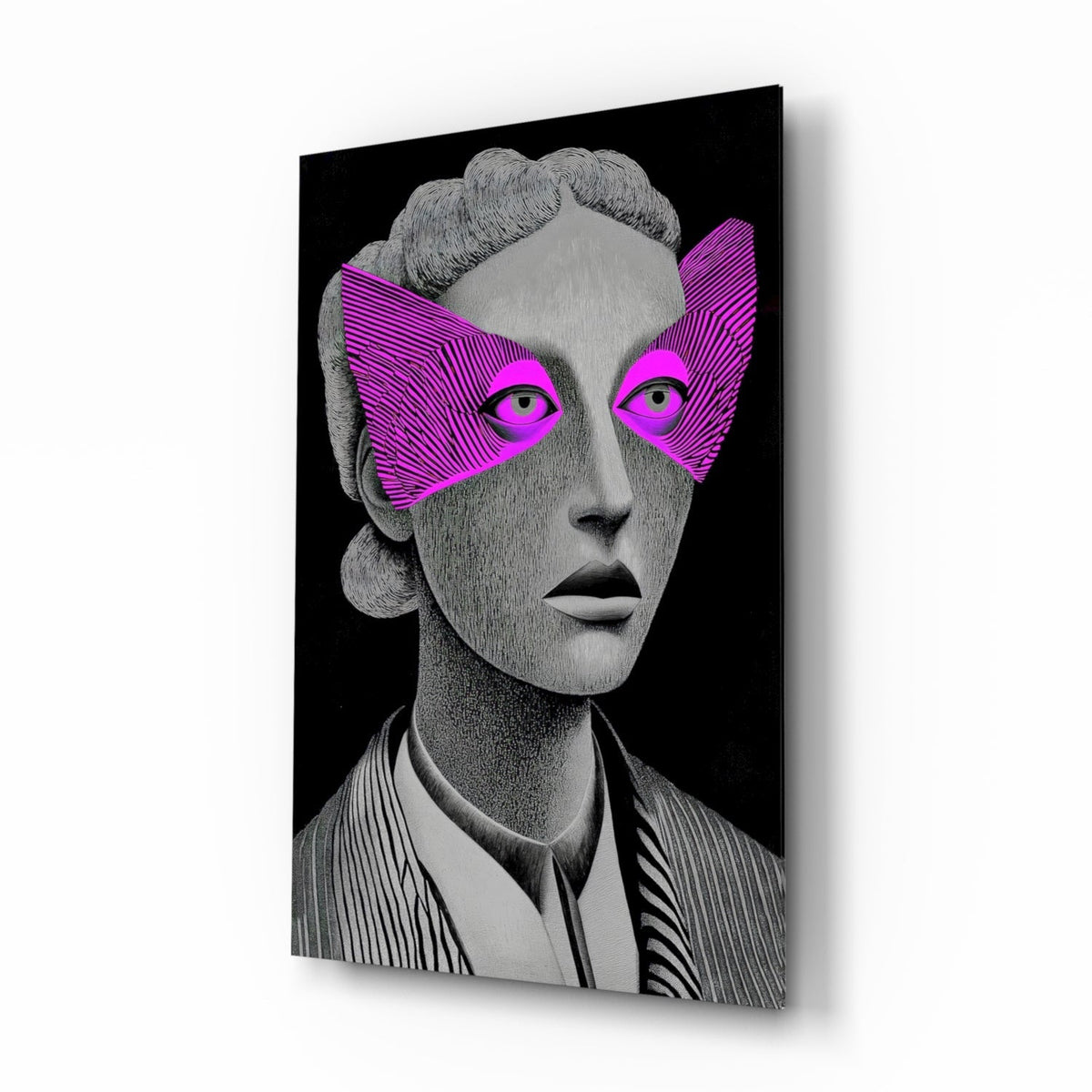 Grayscale female portrait with magenta striped eye mask glass wall art in a boutique