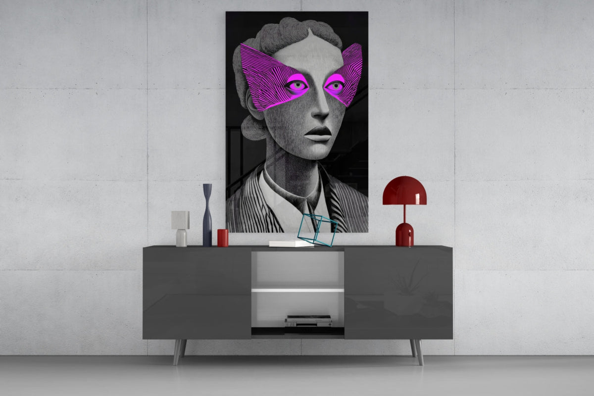 Grayscale Portrait with Magenta Eye Mask Glass Wall Art – view 8