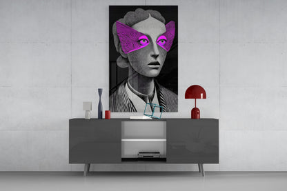 Grayscale Portrait with Magenta Eye Mask Glass Wall Art – view 8